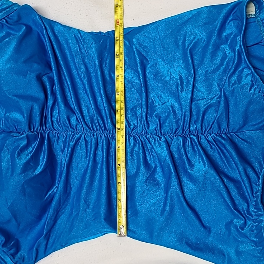 1980s Maxine of Hollywood Turquoise Blue One Piece Ruched Swimsuit Sz 14 - Picture 11 of 13